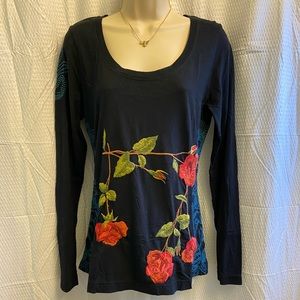 Johnny Was Embroidered Floral Black Blouse Top